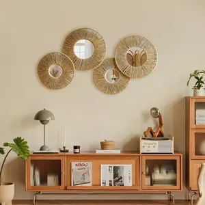 4-piece hanging basket mural set - decorative woven wicker basket Bohemian wall hanging, natural jute home decoration set with rural round mirror, suitable for bedroom, living room, and nursery