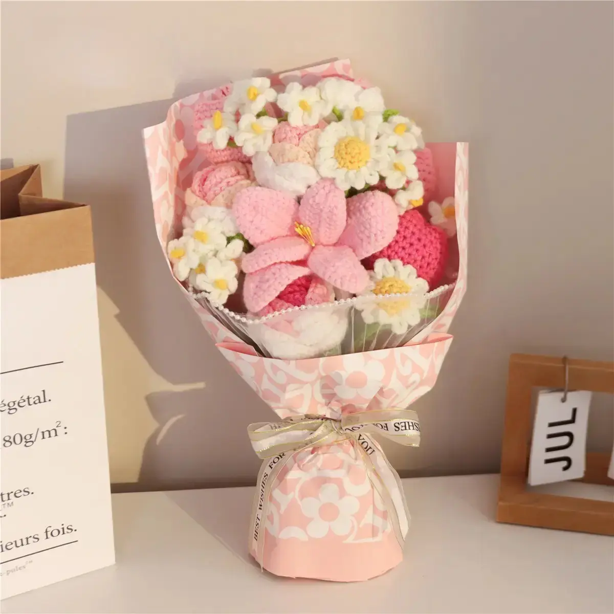 Handmade Knitted Crochet Flower Bouquet Faux Artificial Elegant Delicate Long Lasting Warm Present for Home Decor Festival Gift Givers