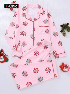 2-piece foundation make-up full body lollipop pattern long sleeved trousers soft and comfortable skin friendly smooth Knitted top small pocket button closed elastic waistband suitable for all seasons home casual pajamas Loungewear Nightwear Homewear