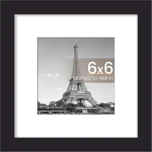 6x6 Picture Frame, Display Pictures 4x4 with Mat or 6 x 6 Without, Wall Hanging Square Frames, Black, 1 Pack