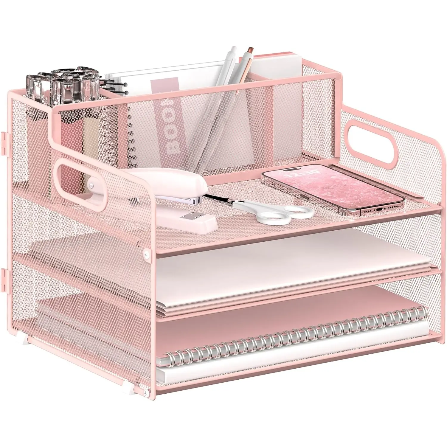 3 Tier Paper Letter Tray Organizer with Pen Holder for Desk, Metal Mesh Desk File Folder Sorter Organizer with Handle and Sliding Tray for Home, Office, School Supplies Organization(Pink)
