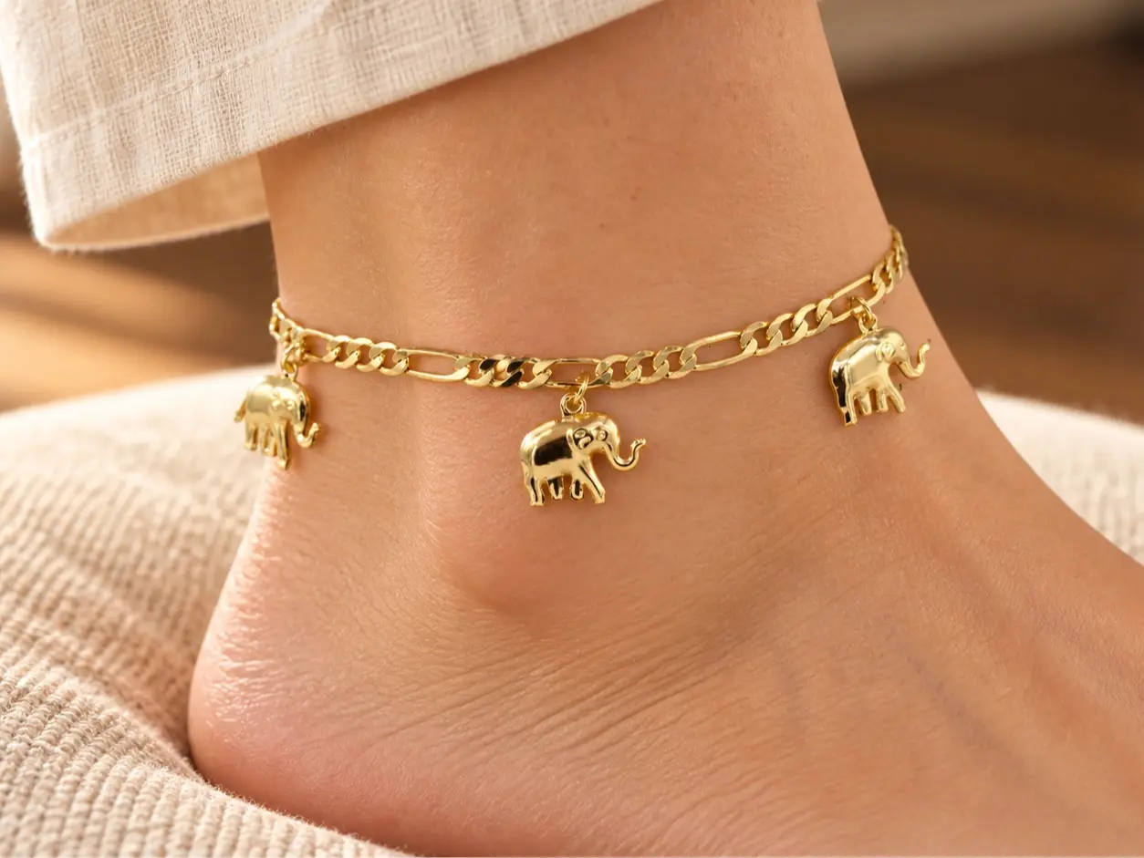 9" 14K Gold Plated Anklet with Elephant Charms - Fashionable and Elegant Design for Daily Wear