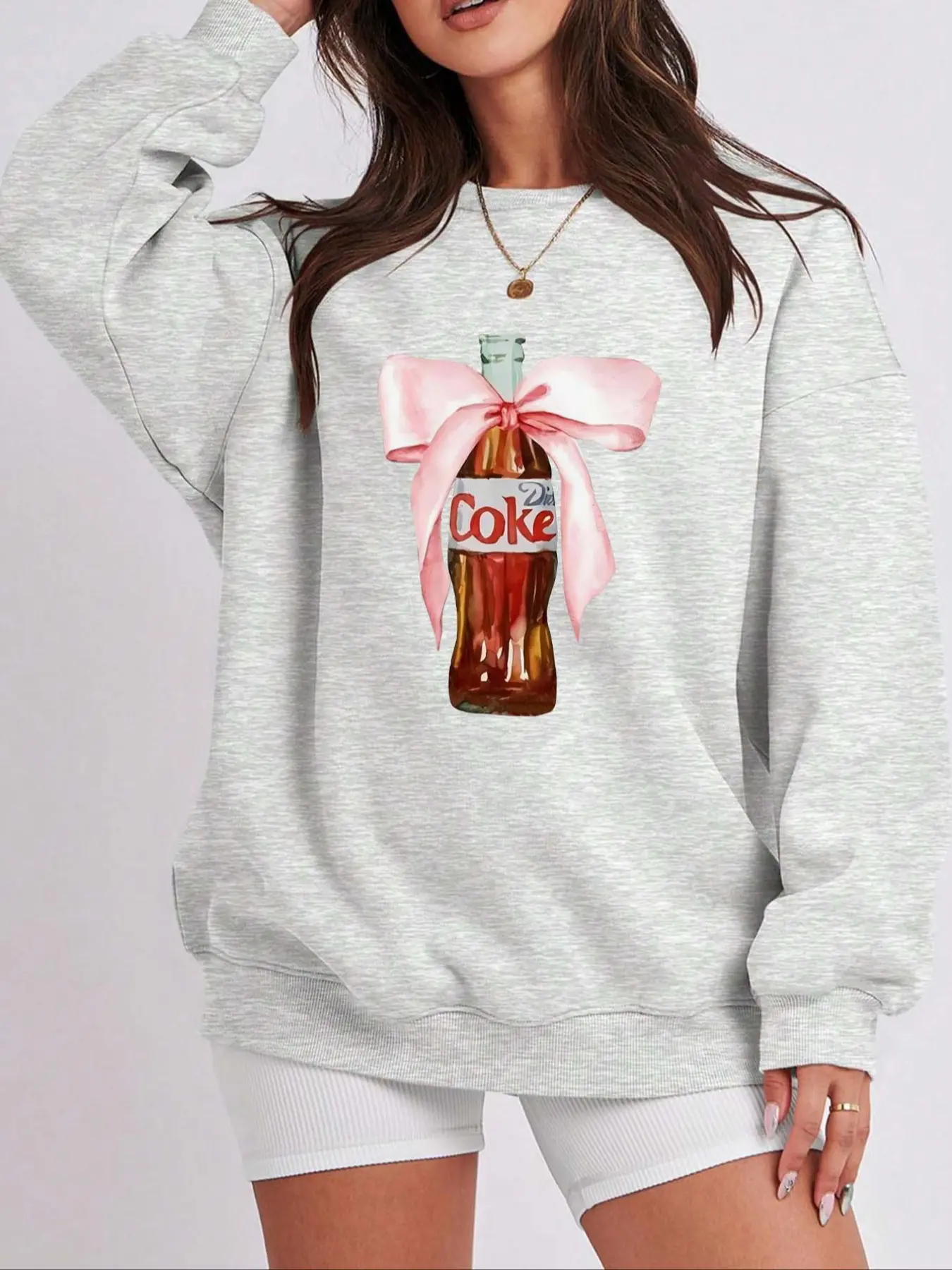 Sweet Bowknot Cola Print Knitted Women's Pullover Sweatshirt, New Fall Winter Casual Holiday Fleece Lined Round Neck Knit Jumper Knitwear
