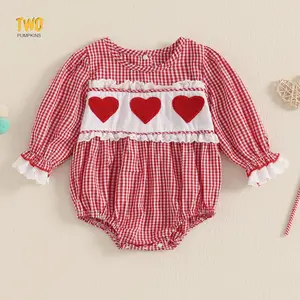 Newborn Baby Girl Valentine's Day Romper Heart Plaid Lace Trim Round Neck Long Sleeve Cotton Jumpsuit