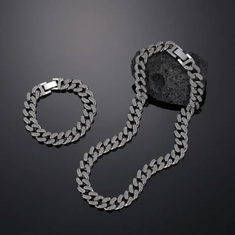 Necklace and Bracelet Costume Jewelry Set, Punk Style Cuban Chain with Rhinestone Decor, 2-Piece for Parties & Gifting