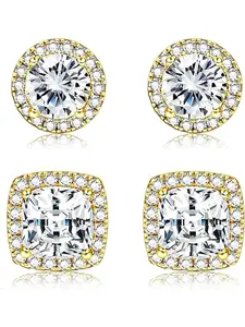 1-2 Pairs 925 Sterling Silver Mens Earrings Cubic Zirconia Halo Stud Earrings for Men 18K Gold Plated Heart/Round/Square Cut CZ Stud Earrings Set for Women Men Heart Shaped Earrings Fashion Earrings