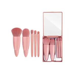 Easy-taken Travel Makeup Brush Set, 5pcs Mini Complete Function Cosmetic Brushes Kit (5pcs with mirror)