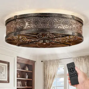 20" Caged Ceiling Fans with Lights,Low Profile Flush Mount Enclosed Bladeless Farmhouse Ceiling Fan with Light and Remote,Black and   Victorian Rustic Fandelier for Bedroom,Kitchen