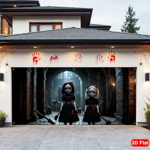 Halloween Garage Banner with Creepy Dolls, Durable Polyester Material for Halloween Decoration, 2D Printed Background for Spooky Parties