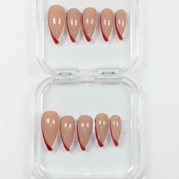 AK COSMETICS Press On Nails - Nude Pinky Red Tip - Stiletto Shape - Easy Application - Perfect for Any Occasion