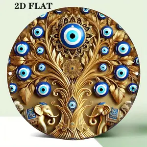 2D Flat, 1pc Mystical Totem Metal Wall Art - Protective Evil Eye Decor with Blue Eyes, Golden Tree of Life Plaque & Elephant Motifs - Heavy-Duty Iron Sign for Home, Office, Hindu/Jain Decor - Easy Hang Pre-Drilled Holes - Spiritual Gift Idea (7. 79x7.. 79