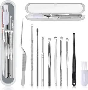 Ear Pick Ear Wax Removal Kit, Ear Cleansing Set, Earwax Remover Tool, Ear Curette Ear Wax Remover Tools with a Cleaning Brush and Storage Box, Medical Grade, for Ear Adult and Kid, Silver, 10 Pcs