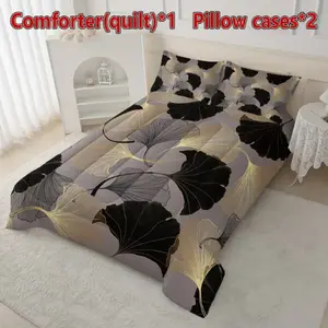 3pcs Quilt Set (1 Quilt + 2 Pillowcases No Pillows), Includes Filling 180gsm Stitched Soft Breathable Digital Print Bedroom Dorm Home Luxury Ginkgo Leaf Pattern