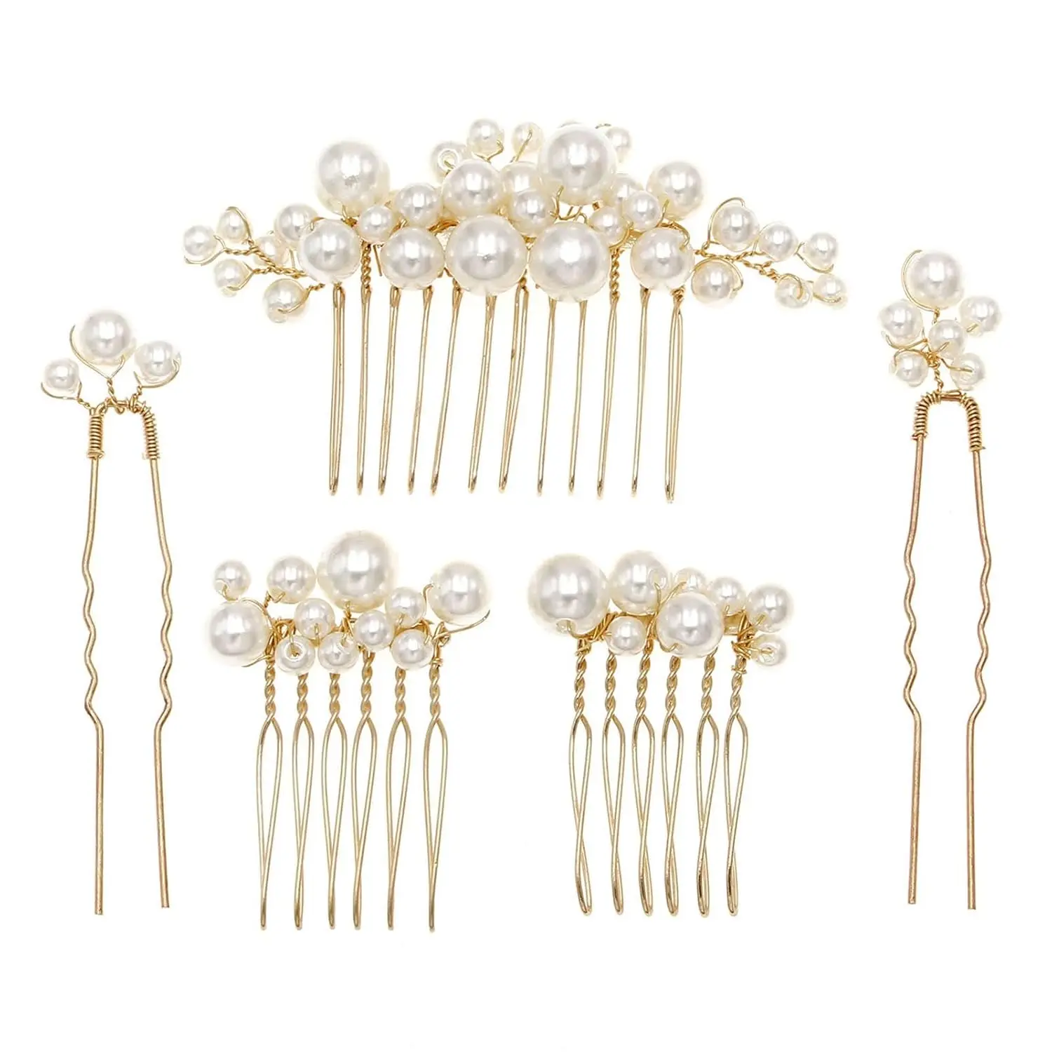 Wedding Pearl Hair Combs Set of 5 count - Elegant Hair Accessories for Bridal Women (Gold)