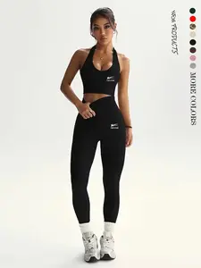 Girls' Sporty Tank Top & High-Waisted Tight Pants Set, Star Logo, Neckline Design, Yoga, Fitness, Running, Casual Wear, Athleisure Style, Neckline Detail, Yoga Gym Outfits