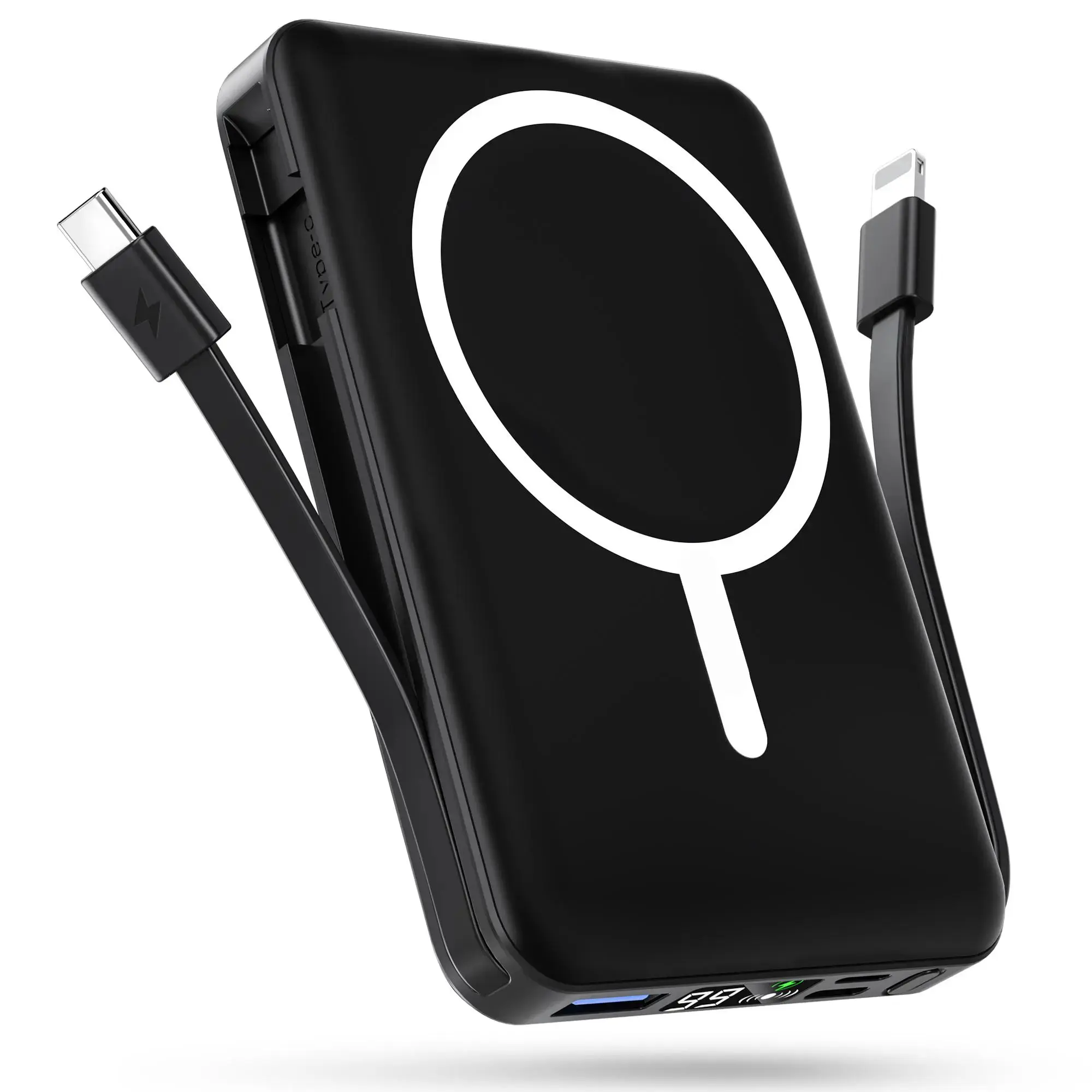 Podoru Silicone MagSafe 10000mAh Portable Power Bank Charger - Built-in USB-C & Lightning Cables, Wireless Magnetic Fast Charging, Mobile Smartphone Accessories, Compact Foldable for iPhone 17/16/15/14/13/12 Series Travel Emergency Use