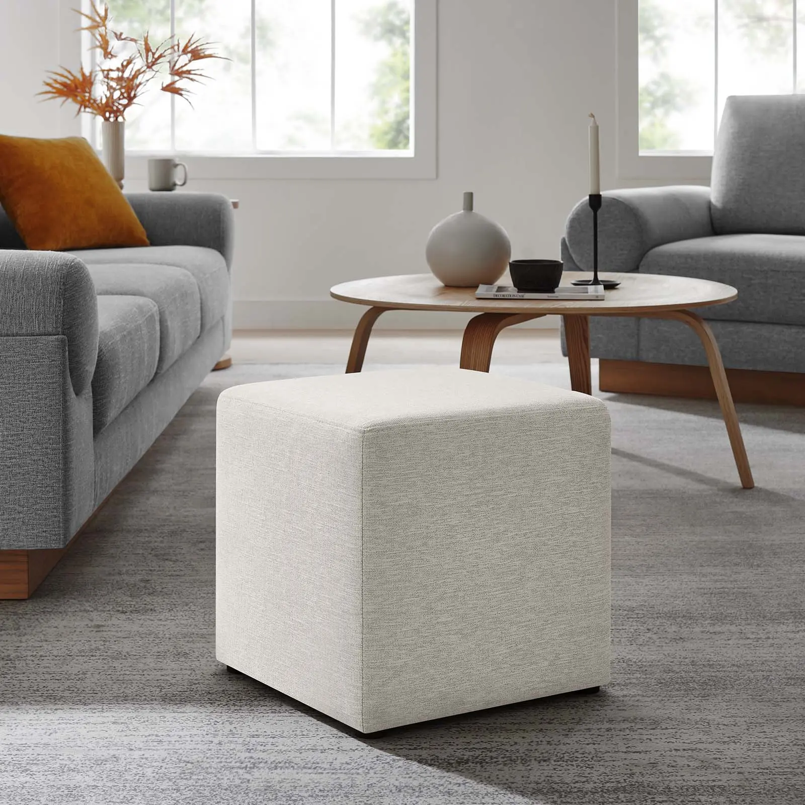 Modway Callum 17" Square Upholstered Stool - Heathered Woven Fabric, Foam Cushioned, 506 lbs Capacity, Fully Assembled Indoor Stool for Side Table Use, Ivory