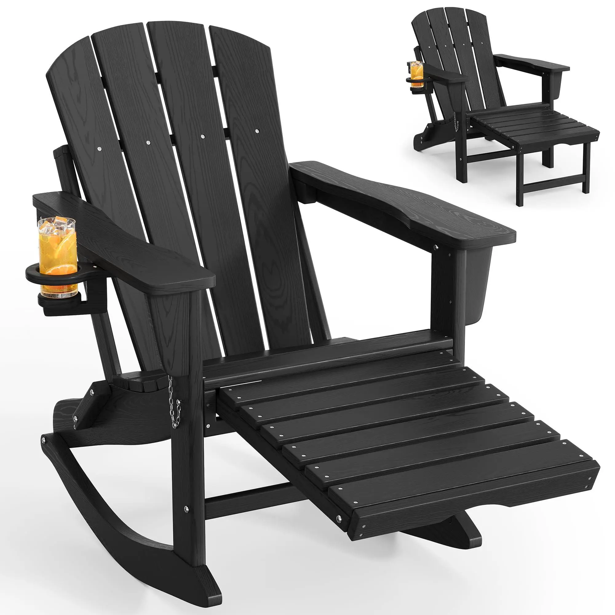 GARVEE Folding Adirondack Rocking Chair with Retractable Ottoman, All-Weather HDPE Outdoor Rocking Chair, Wooden Textured with Cup Holder for patios, Decks, Gardens, fire pits, Black