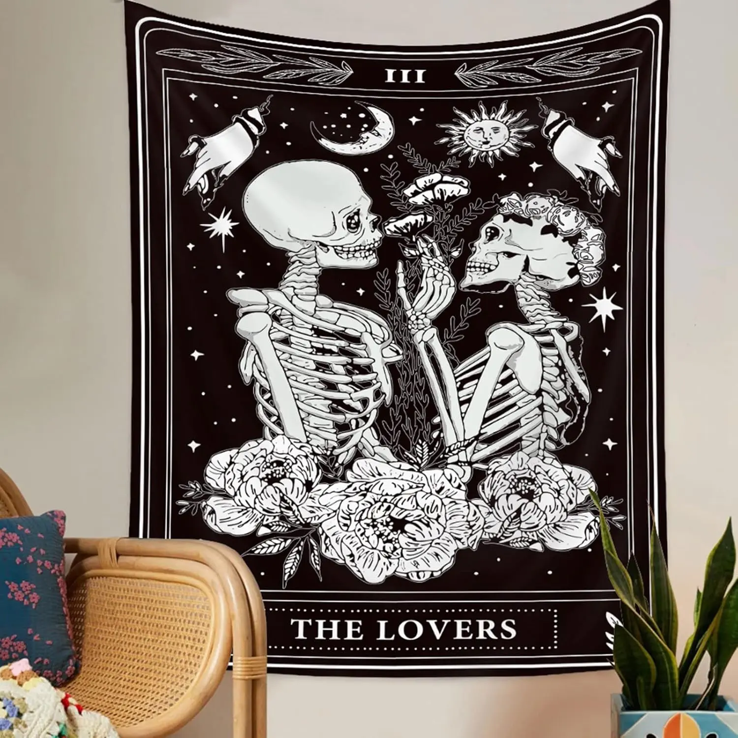 Black and White Skull Skeleton Tapestry - Polyester Fabric, Gothic Look, Lightweight 1-Piece Wall Decor, Multi-Size Grunge Dark Witchy Home Wall Hanging for Bedroom Alt Room Aesthetic