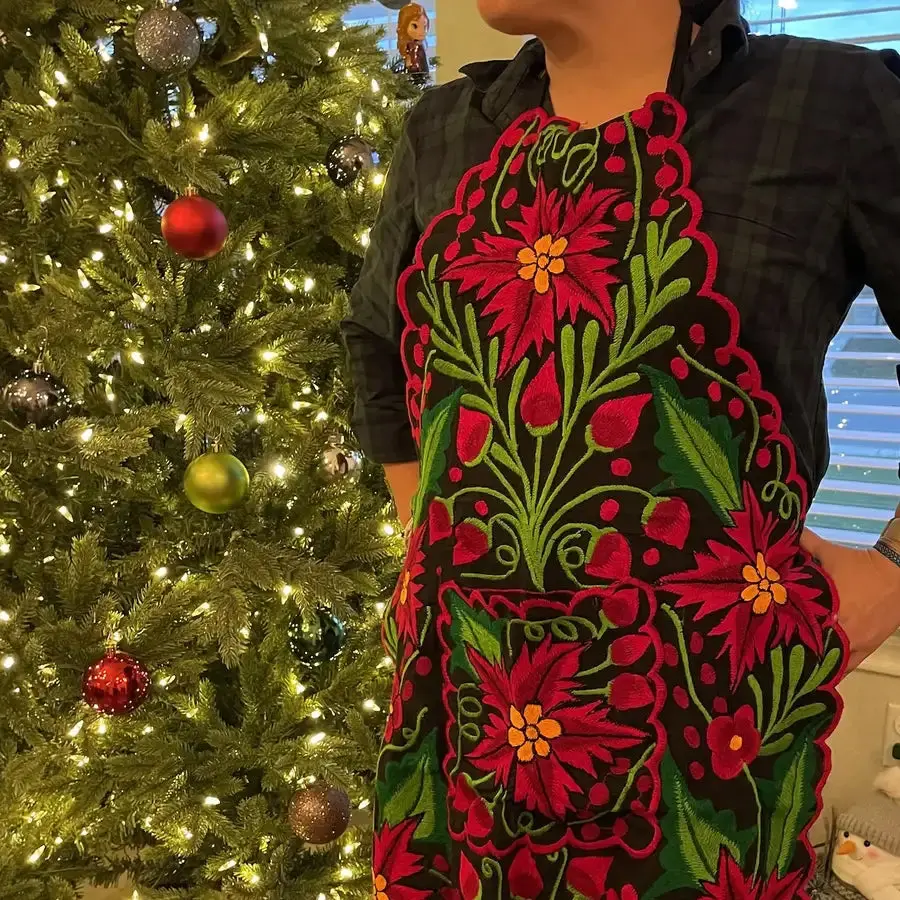 Colorful Handcrafted and Unique Embroidered Poinsettia Cotton Bib Apron, Christmas Holidays Kitchen Apron, 1-Size Home Care Supply, Apron Cotton