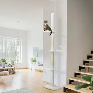 8.4' Floor to Ceiling Cat Tree Adjustable Height White with Cloud Perches Toys Scratching Posts for Cats Under 10 lbs Secure Stable Design