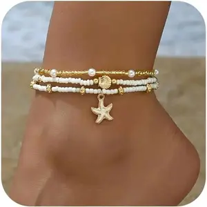 Women Boho Beads Ankle Bracelets Waterproof Shell Anklet Hawaiian Summer Beach Seashell Pearl Disc Starfish Conch Foot Jewelry