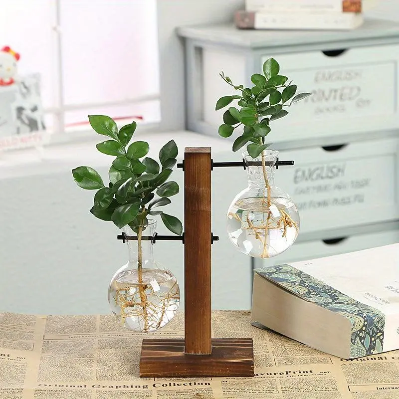 Terrarium Hydroponic Plant Vases For Flowers Vintage Flower Pot Transparent Vase Wooden Frame Glass Tabletop Plants Home Bonsai Decor Home Decorative Vase Dining Table Centerpiece Modern Plant Vase