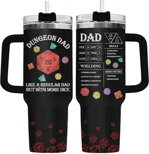 Dad Gifts for Fathers Day, Dungeon Daddy Tumbler 40 Oz with Handle Straw, DND RPG Dice Insulated Coffee Mug for Men Husband Papa Gamer