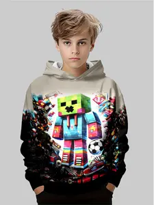 Boys' Gradient Hoodie, Pixel Block Character Print, Casual Fitted Sweatshirt, Fall & Winter Fashion, Trendy Kids Clothing