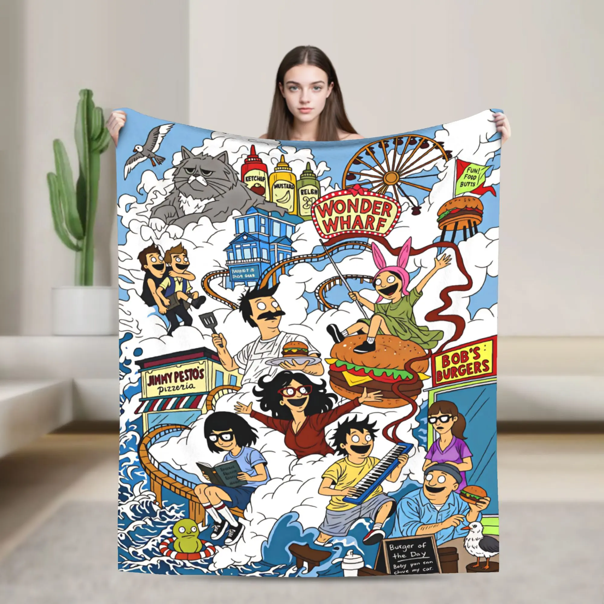 B-Bob's Anime B-Burgers Classic Cotton Knit Fabric Throw Blanket - Ultra Soft, Durable Flannel, Cozy Warm for Home Room House Decor & Cozy Lounging - Bedroom/Couch Use, Hand Wash Only, Ideal Birthday/Christmas Gift