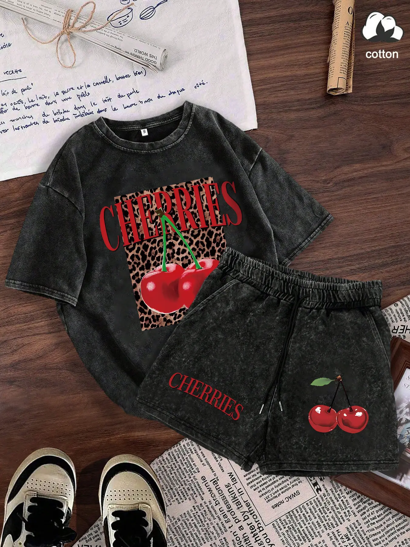 Women's Summer Cotton Short Sleeve Shorts Set, Casual Fashion, Regular Fit, Fitted, Cherry Leopard Print Tee Top, Outdoor Wear, Outfit, Clothes, Clothing Set
