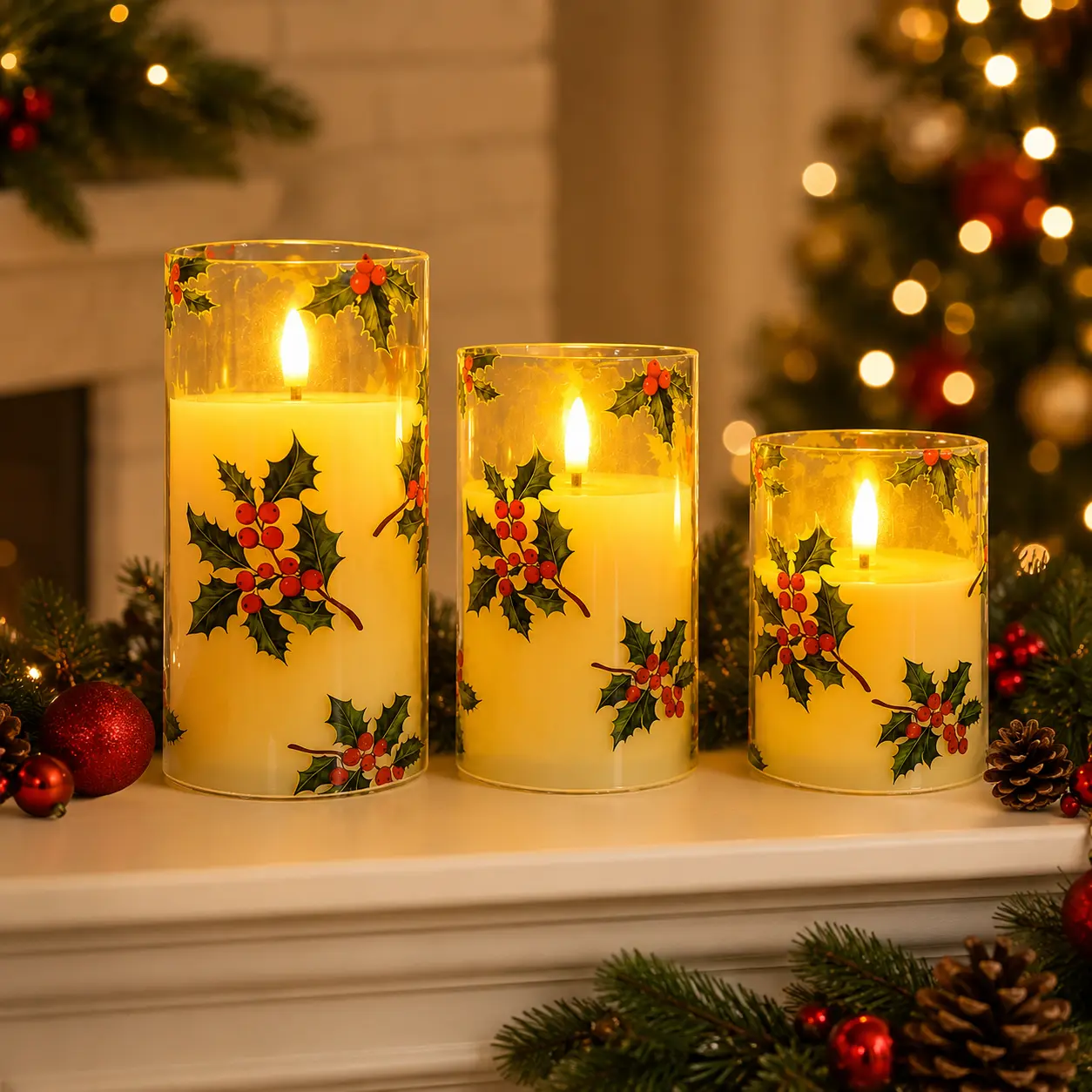 Flameless LED Christmas Candles, 3-Piece Boxed Set - Transparent Cylindrical Shape with Ivy & Berry Print, Warm Glow, Festive Decor for Fireplaces, Dining Rooms
