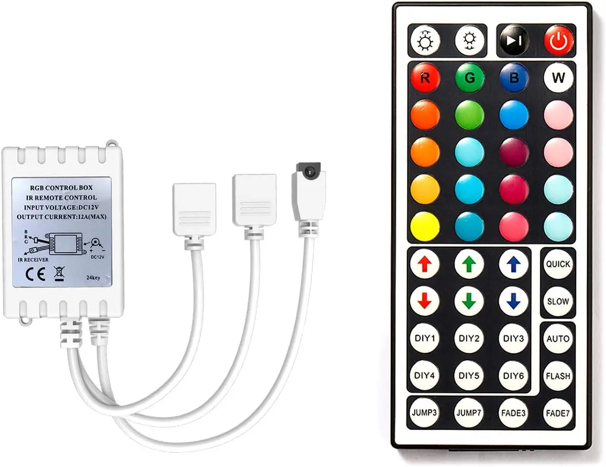 Led Lights 2 Ports 44 Key Remote Control, Dimmer for Strip, 4 Pin Output Remote Controller for Led Strips 12 24V DC Tape Light (Without Power Adapter)