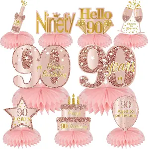 Pink Rose Gold 90th Birthday Honeycomb Centerpieces Decorations for Women, 9Pcs Rose Gold Happy 90th Birthday Table Centerpieces Party Supplies, 90 Year Old Birthday Table Toppers Decor