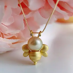 Piswency Genuine South Sea Golden Pearl Bee Necklace, Round Saltwater Pearl Pendant, 18K Gold Plated 925 Silver Jewelry