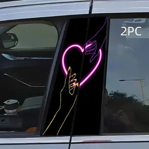 2pcs Couple Hand Holding B Pillar Stickers, Heart Neon Light Car Body Decoration, Waterproof Scratch-Resistant Vinyl Decals