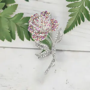Elegant Blue Pink Rose Rhinestones Brooch Lapel Pin