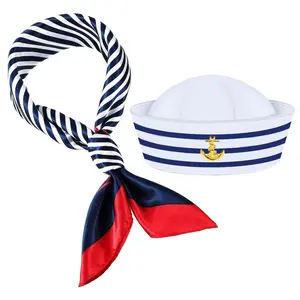 2Pcs Striped Sailor Cap With Embroidery Anchor Detail, Classic Nautical Style Uniform Hat, Lightweight Cosplay Costume Accessory For Stage Performance Themed Party And Holiday Dress Up Occasions