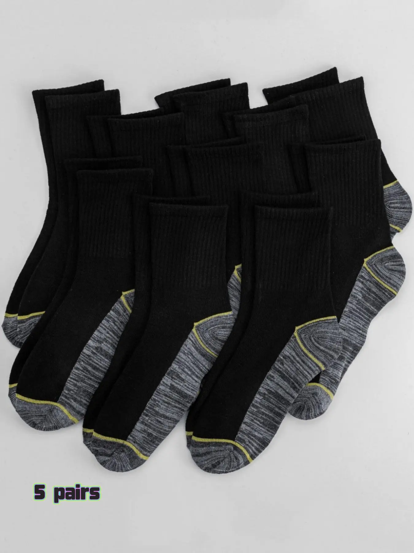 5 Pairs Men's Work Socks, Reinforced Toe and Heel, Padded Boot Socks, Cushioned Crew Socks, Casual Striped Pattern, All Seasons, Athletic