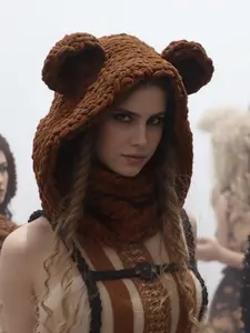 Cute Bear Ear Face Mask Hat Set, Handmade Knitted Warm Cartoon Cap with Fleece Lining, Unisex Winter Accessory for Kids & Adults, Animal Hats