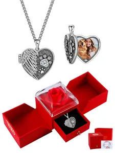Pet Print Foot Feather Locket Necklace With Rose Jewelry Gift Box, Memorial Custom Animal Picture Locket Necklace that Holds Pictures, Birthday Christmas Jewelry Gift for Animal Lover Girl Daughter