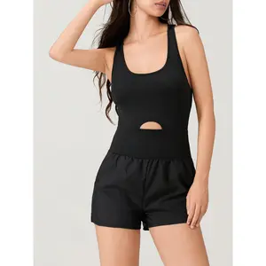 Women Solid Color Cami Playsuits Sleeveless Sports Short Jumpsuits Summer Cross Backless Romper Tracksuits