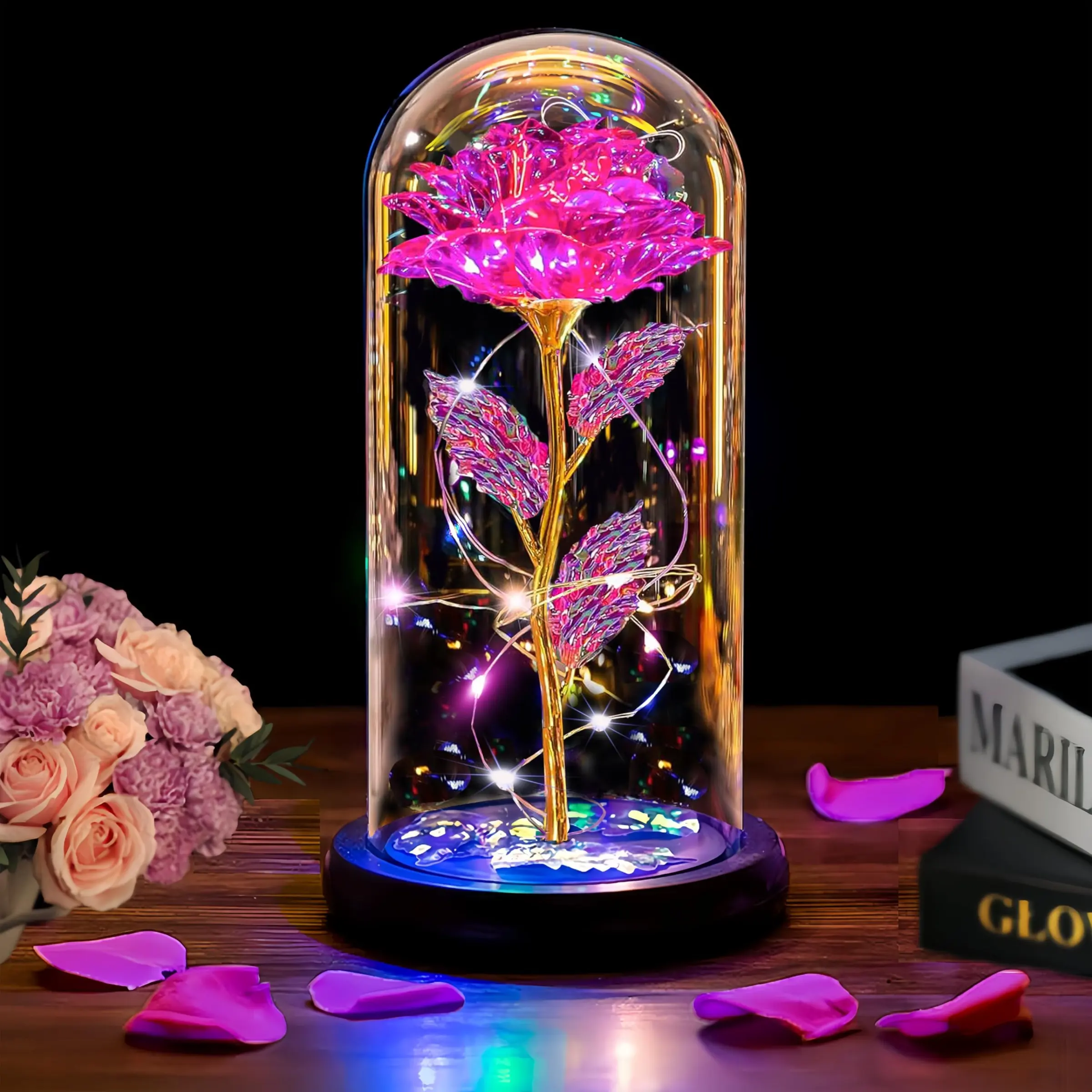 Birthday Gifts for Women, Flowers for Delivery Prime, Led Light Up, Rotating Red Light Up Rose in A Glass Dome, Spinning Christmas Rose Gifts for Her Mom Wife Grandma on Anniversary Valentines, Excluding batteries self provided