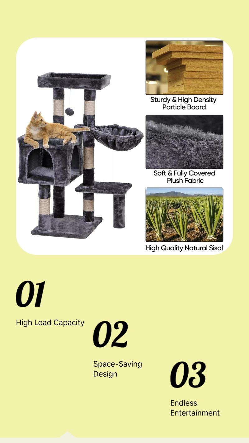 36" Cat Tree Cat Tower Scratching Posts Cat Condo W/Hammock for Indoor Cats Gray