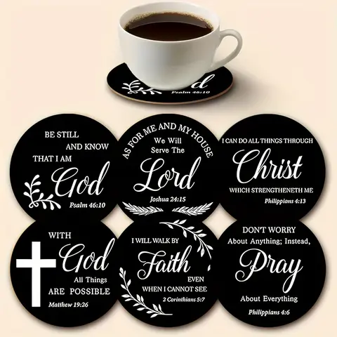 6pcs - Round Bible Quotes - Wooden Printed Classic coasters, Wood Coaster Set, Decorative Coaster, anti slip kitchen accessories, kitchenware, for holiday home decor and tableware, suitable for coffee tables, apartments and bars, Christian decoration