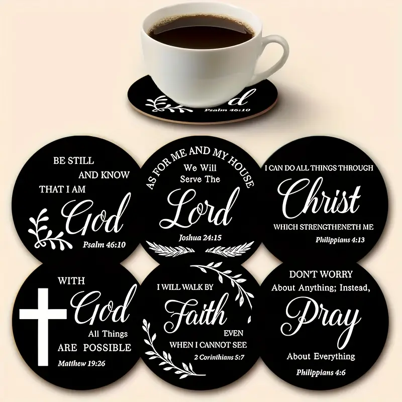 6pcs - Round Bible Quotes - Wooden Printed Classic coasters, Wood Coaster Set, Decorative Coaster, anti slip kitchen accessories, kitchenware, for holiday home decor and tableware, suitable for coffee tables, apartments and bars, Christian decoration