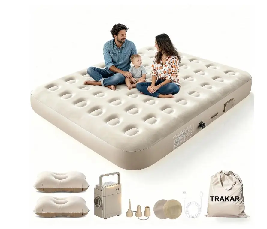 TRAKAR Air Mattress,Inflatable Airbed with Built-in Pump,2 Mins Quick Self Inflatable and Deflate,661 lbs Max, Strong Support,Flocked Top,Puncture Resistant for Camping,Home,GuestsQueen