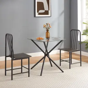 【GOOGREAT】Dining Set for 2, Square Glass Tempered Dining Table with 4 Legs and 2 Metal Chair for Home Office Kitchen Dining Room, Black & Brown
