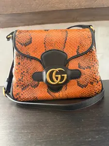 Pre-owned GUCCI exotic leather] Shoulder Bags GG Marmont Snakeskin Flap Shoulder Bag Orange/Black $2999