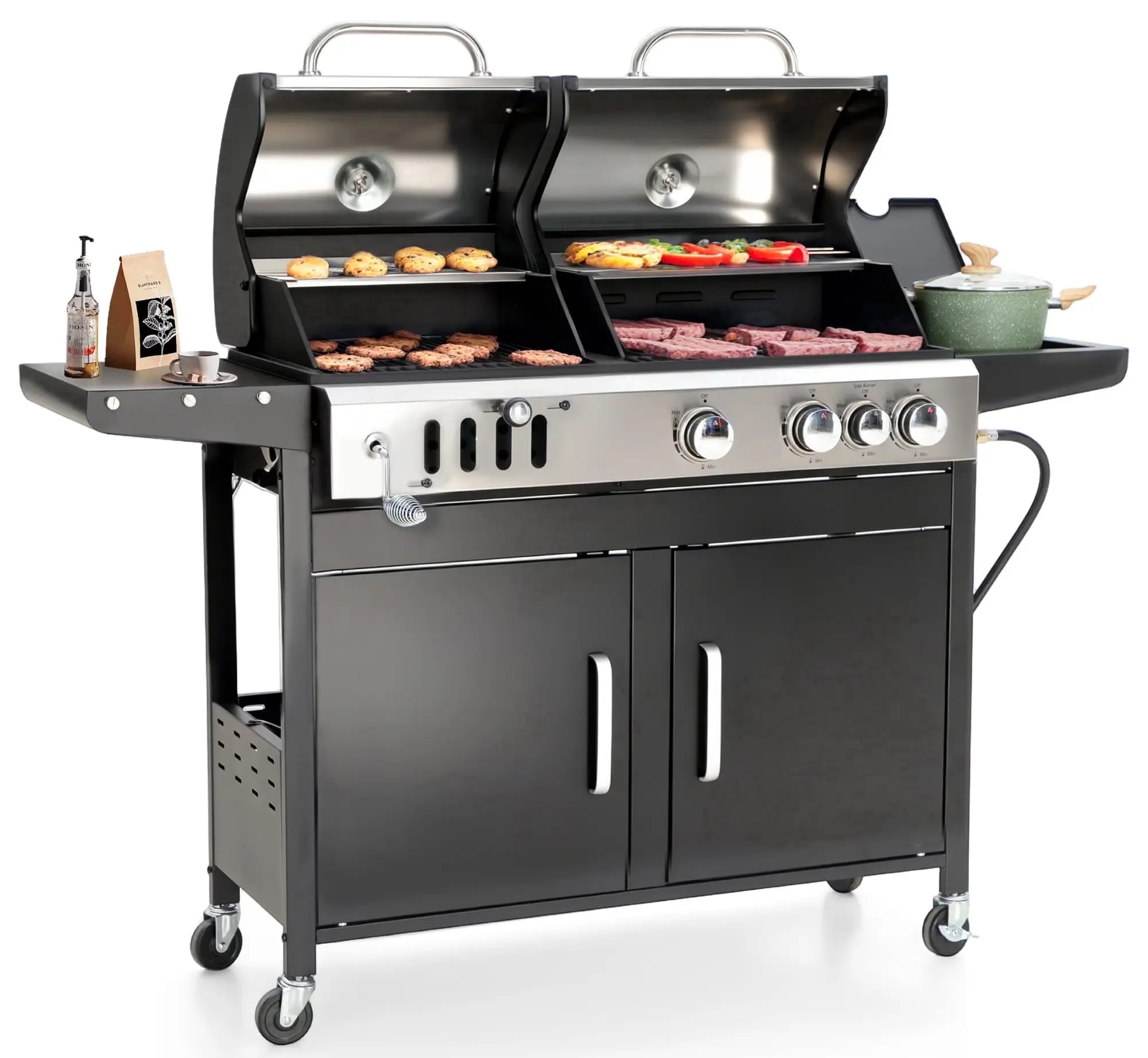 MF Studio Gas and Charcoal Grill Combo Dual Fuel 3-burner 37,000 BUT BBQ Grill with Side Burner